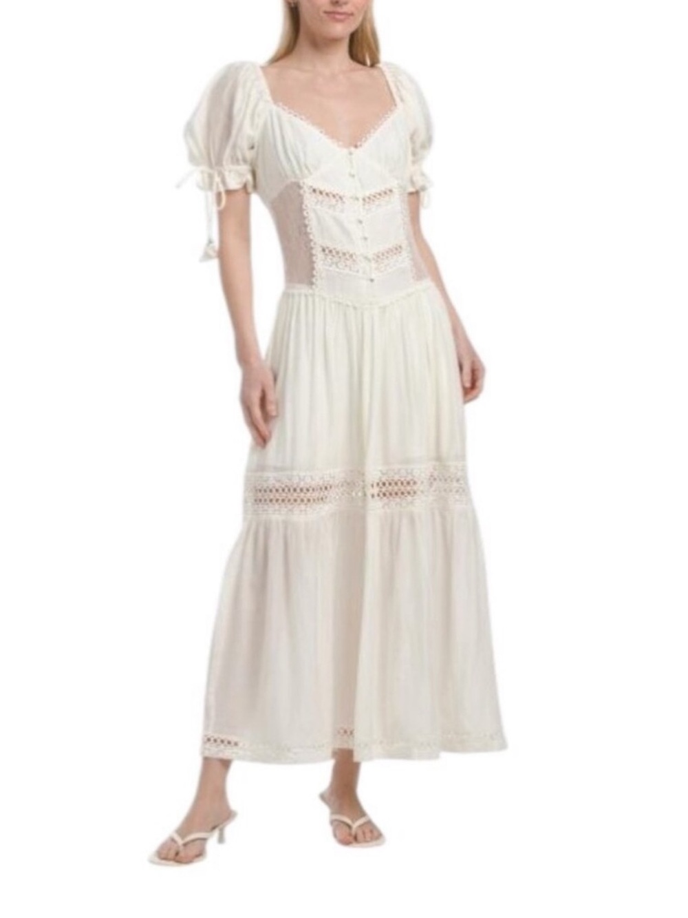 En Saison ☀️Peregrine White Lace-Trim Puff Sleeve Maxi Dress